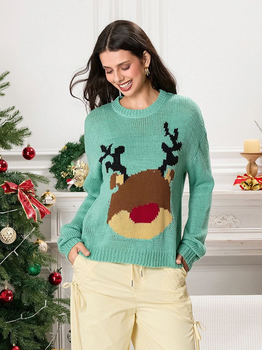 Damen Weihnachts pullover klassische Rentier Schneemann Santa Print Langarm Rundhals Strick pullover