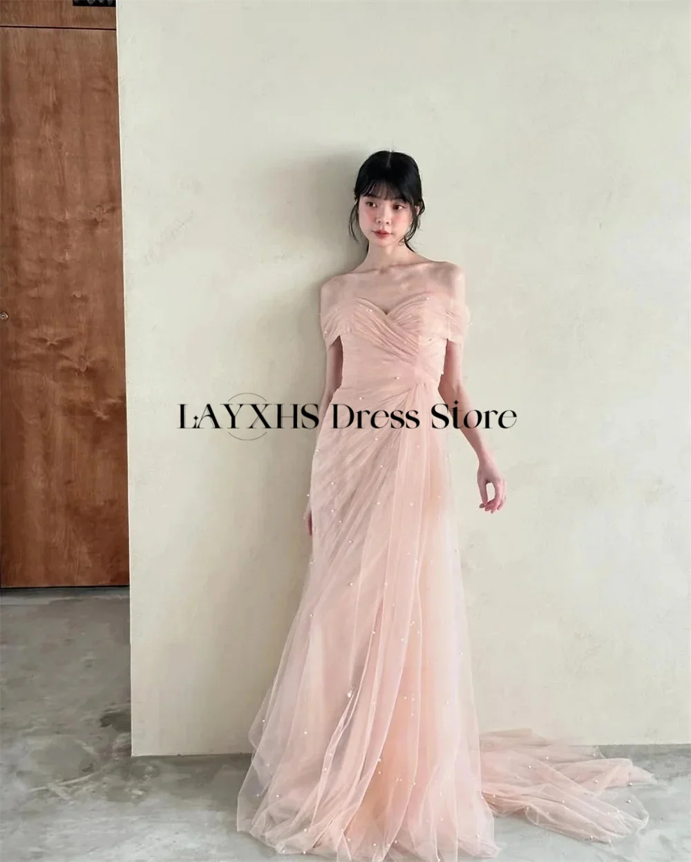 

Pink Tulle Bead Prom Dresses 2025 Off Shoulder Sweep Train Mermaid Korea Wedding Guest Dress Photoshoot Evening Gowns Customized