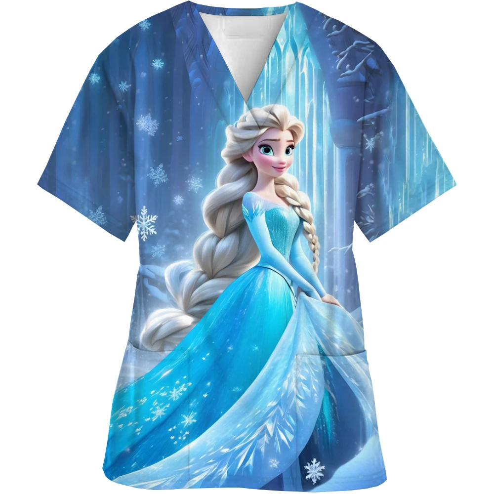 Pocket Disney Princess Women's V Neck Nurse Uniform T-Shirt Youthful Woman Clothes Summer Short Sleeve Y2k New Dress Kawaii 2024