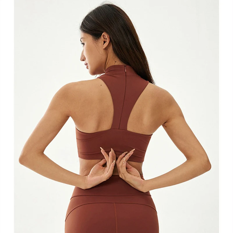 Women High Neck Quick Dry Elastic Back Zipper Compression Fitness Bra New Sexy With Push Up Outdoor Cycling Sports Yoga Bra