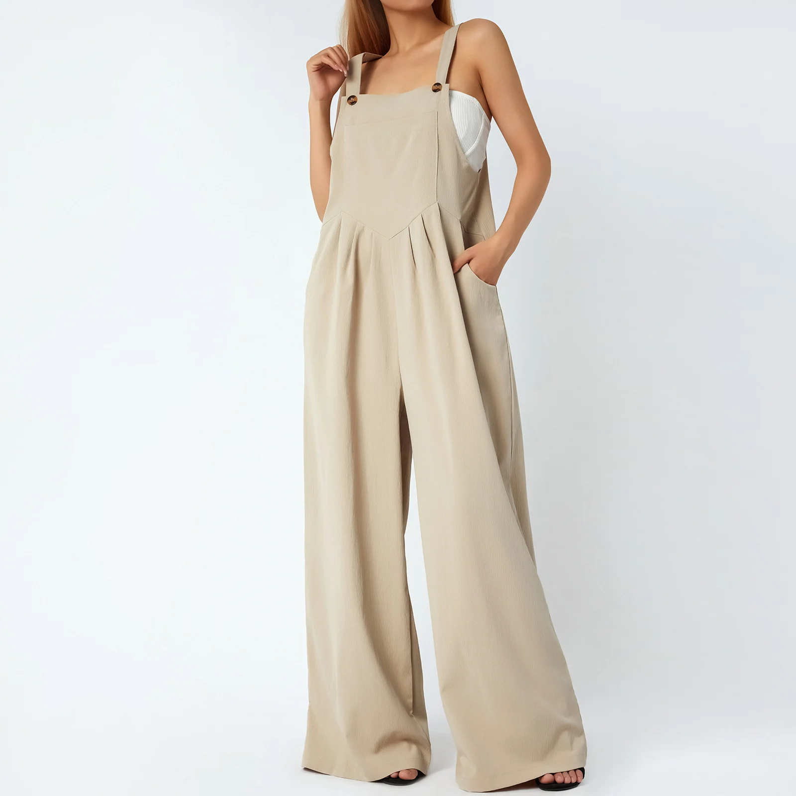 Jumpsuit Tanpa Lengan Longgar Kasual Wanita Celana Baggy Panjang Warna Solid Romper Panjang Penuh Kaki Lebar dengan Saku