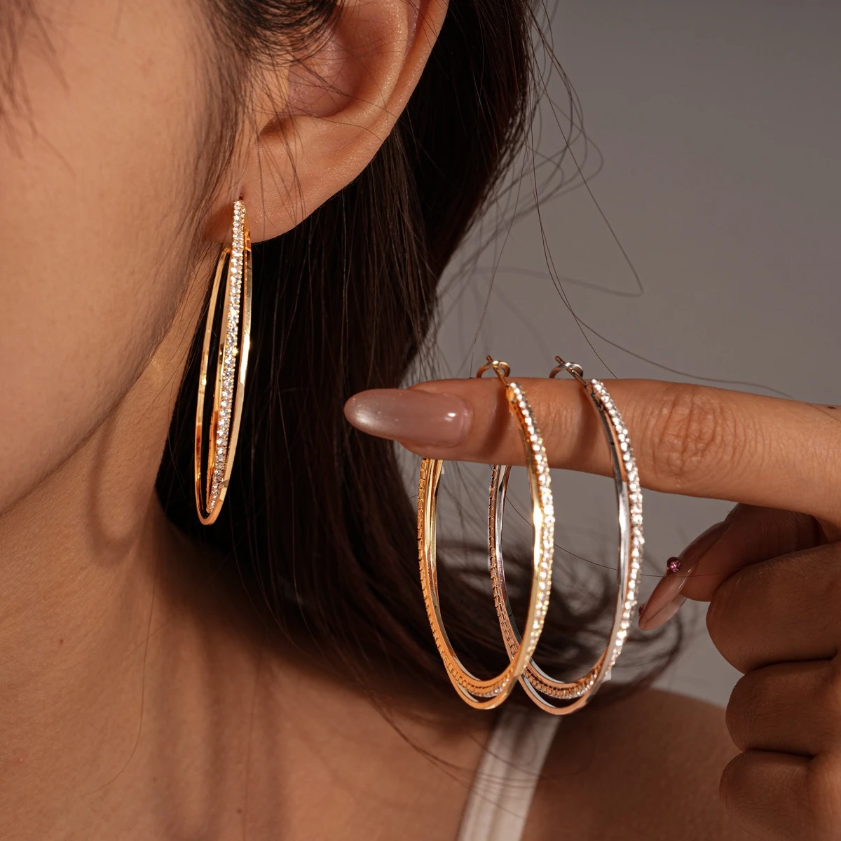 Geometric Double-layer Intertwined Hoop Earrings for Women Exquisite Rhinestone Earrings Luxury High-end Fashion Jewelry Gifts K