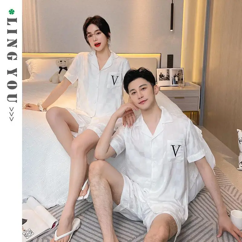 

Couples Ice Silk Loose Fit Short Sleeve Sleepwear Thin Cardigan Home Clothes Summer Collection Polyester Fiber Short Pants