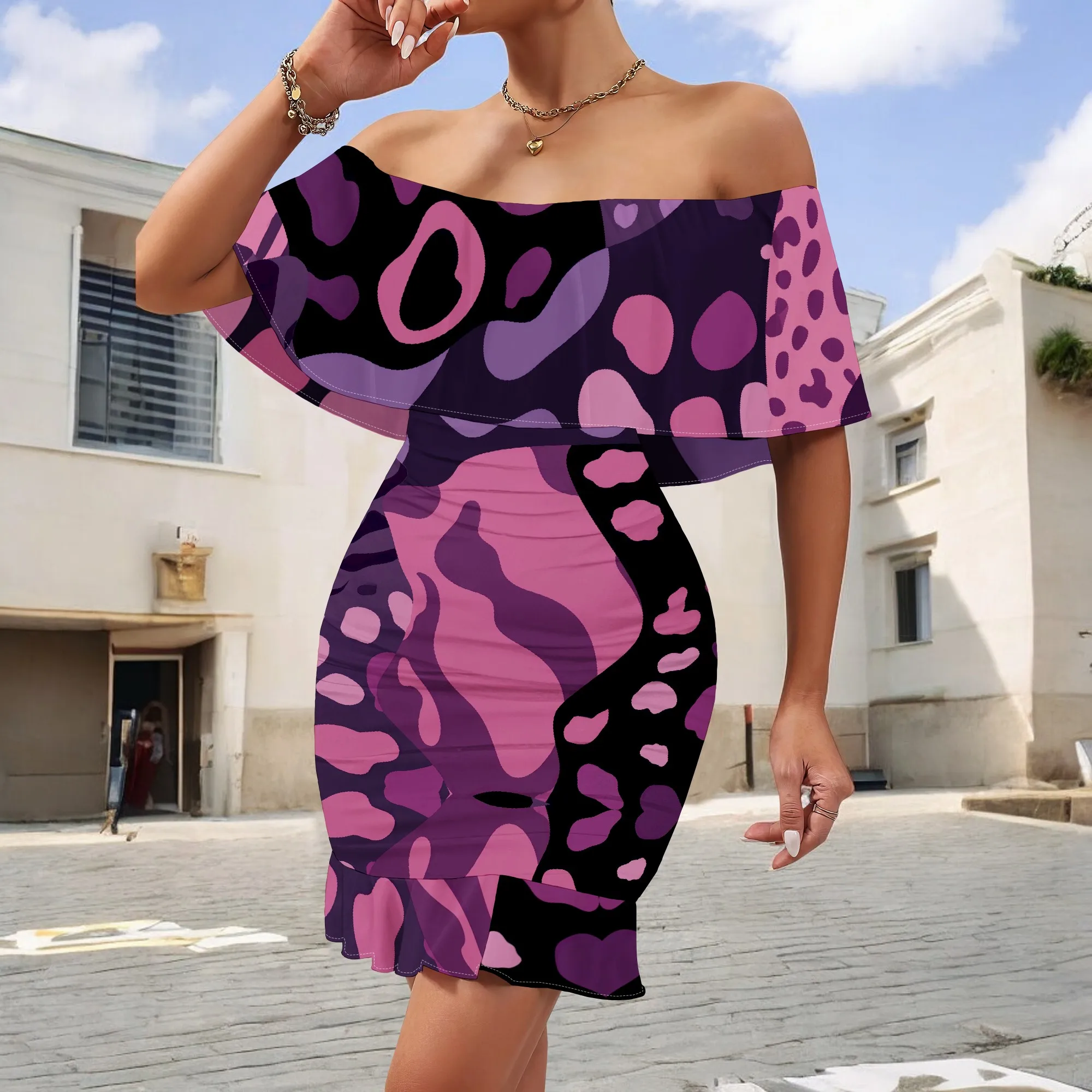 

Purple Camo Leopard Print Off Shoulder Mini Dress S-3XL Ruffle Overlay Bodycon Style for Nightclub, Pride or Summer Party Look