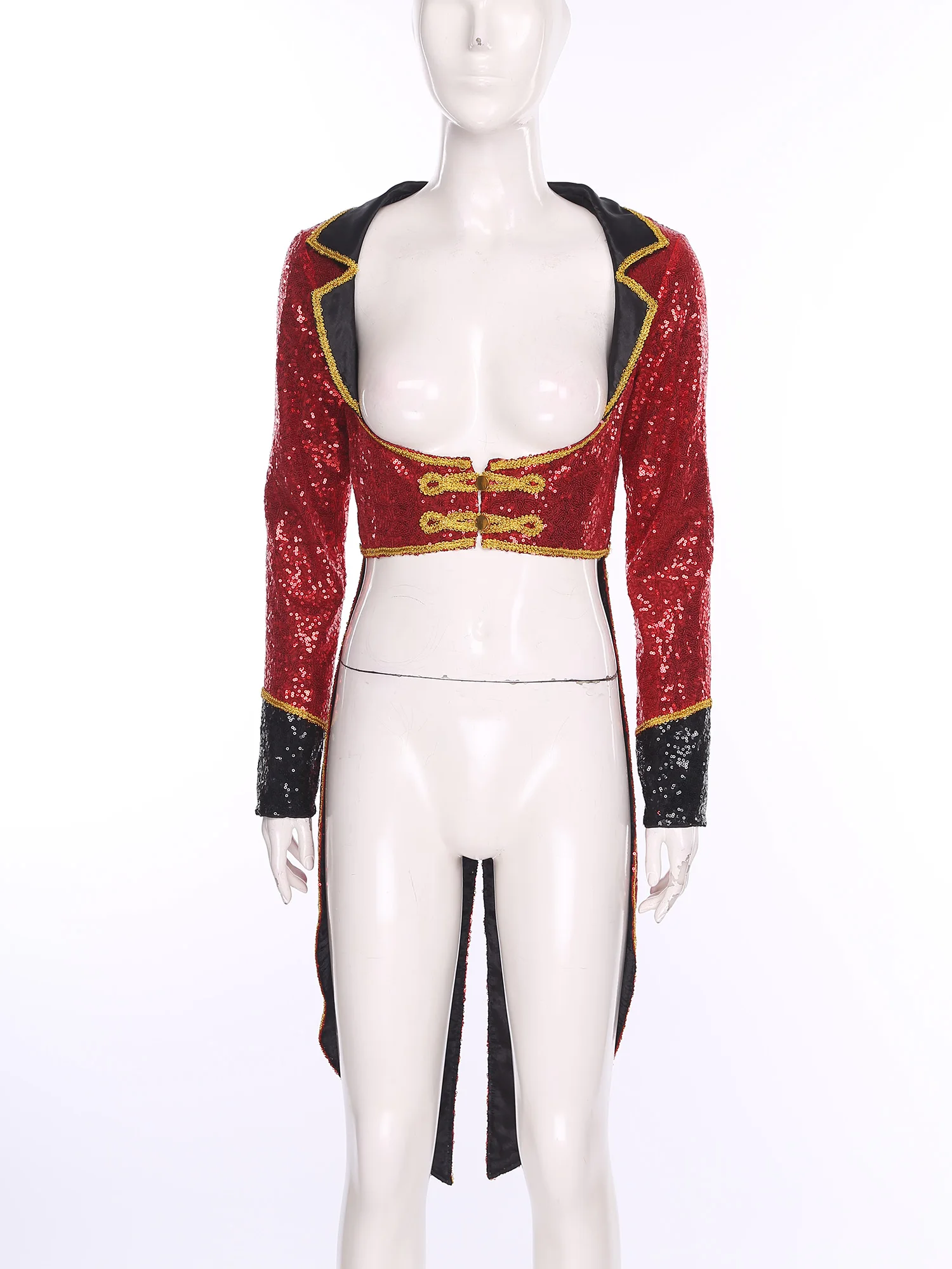 

Halloween Women Ringmaster Circus Costume Shiny Sequins Long Sleeve Buttons Tuxedo Tailcoat Outwear for Magician Role Play Party