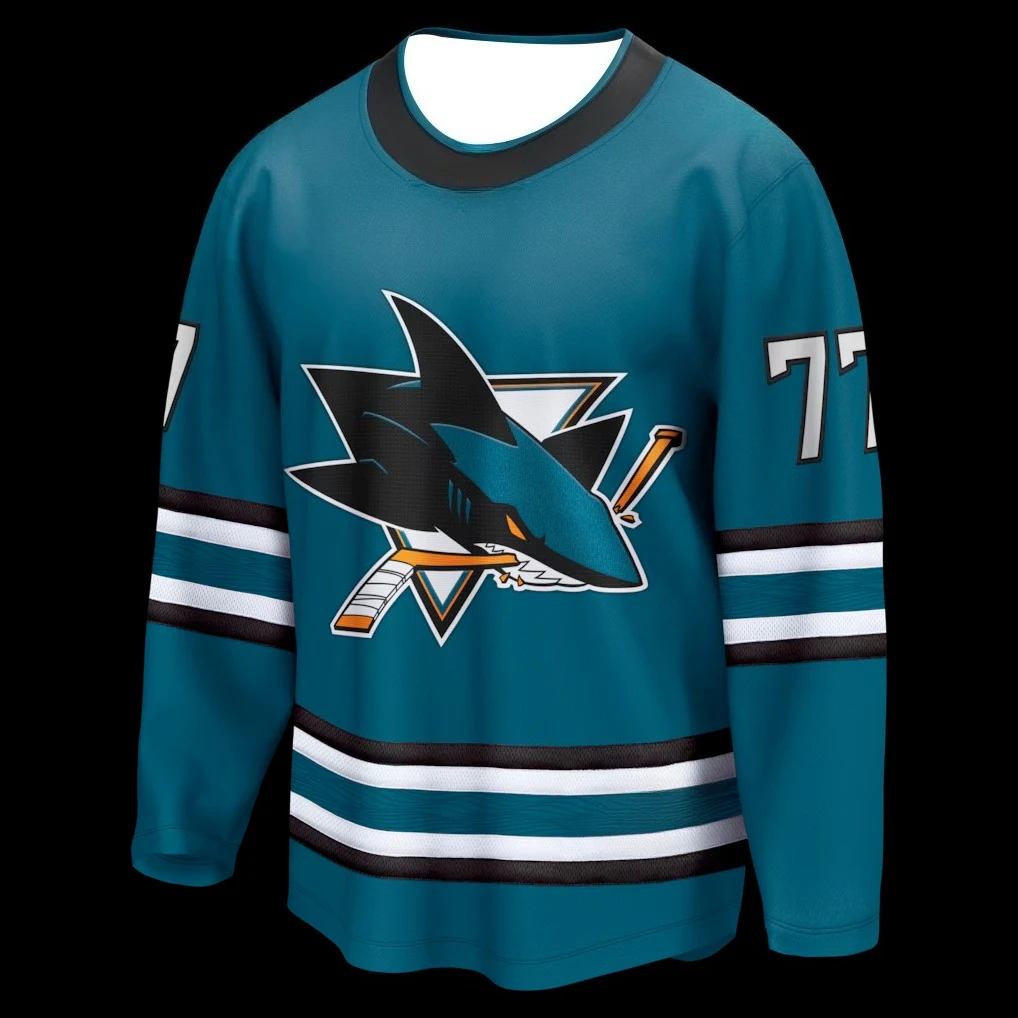 Hockey Jersey - Teal/Black/White Accents Shark Logo with Hockey Stick Comfortable Base Layer for Autumn and Winter