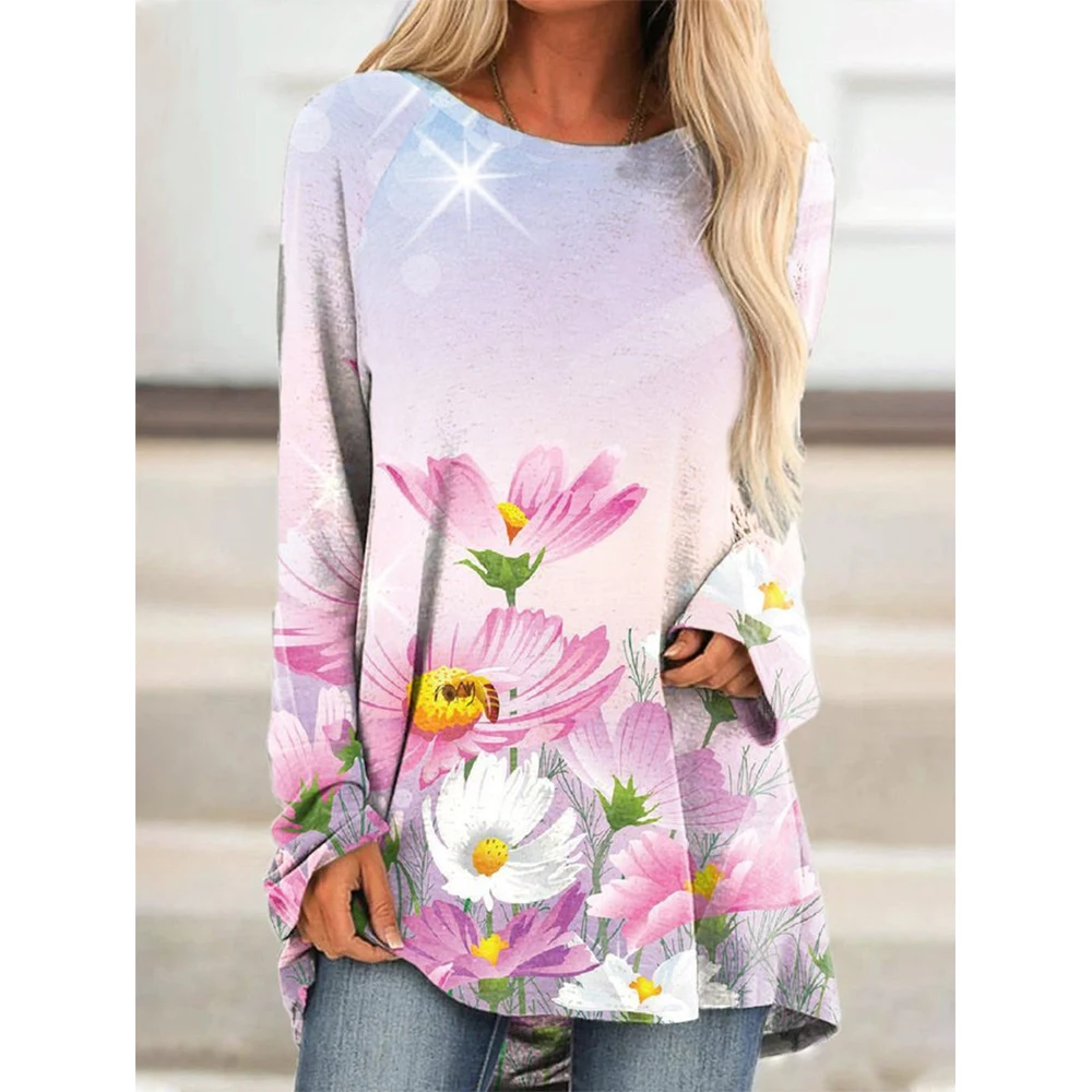 CLOOCL Long Sleeves T-Shirt Beautiful Watercolor Daisy Pattern 3D Print Loose Shirt Front and Rear Irregular T-shirt Casual Tops