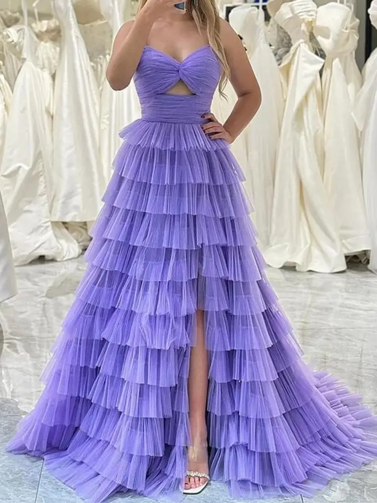 Customized Elegant Lavender Women Formal Special Occasion Dresses V Neck Ruched Tiered Skirt Evening Dress Prom Party Gown