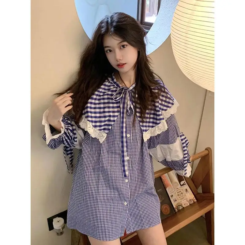 Blue plaid doll collar shirt 2025 new girly sweet cute style loose versatile long-sleeved top autumn vintage lace button blouse