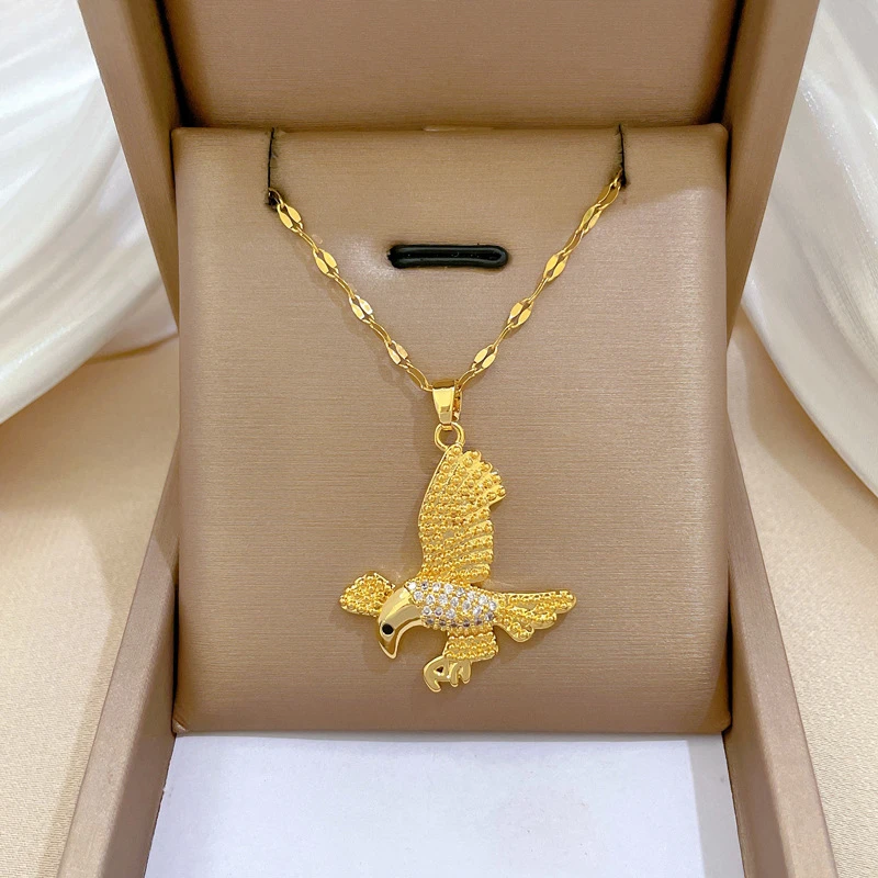 Stainless Steel Original Design Eagle Wings Pendant Necklaces for Women Men Personality Full Zircon Collar Jewelry Colorfast