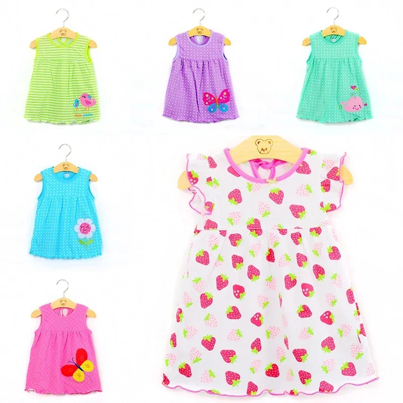 4pcs/Lot Baby Girl Dresses Girls Infant Cotton Sleeveless Dress Summer ClothesBaby Dress Printed +Embroidery