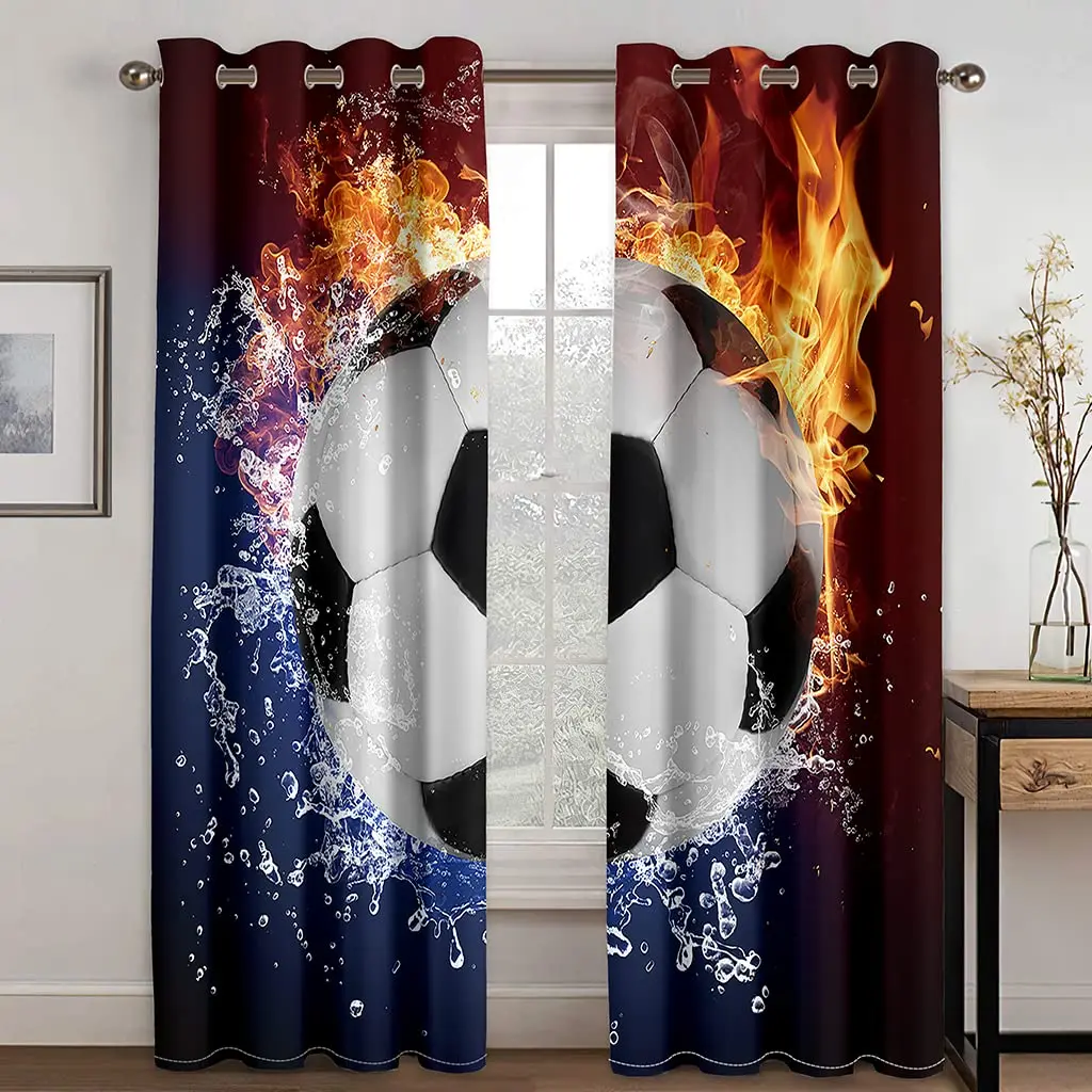 Soccer Curtains Ball Sports Theme Football Blackout Curtains, Cartoon Window Drapes for Juvenile Bedroom Nursery Childcare Room