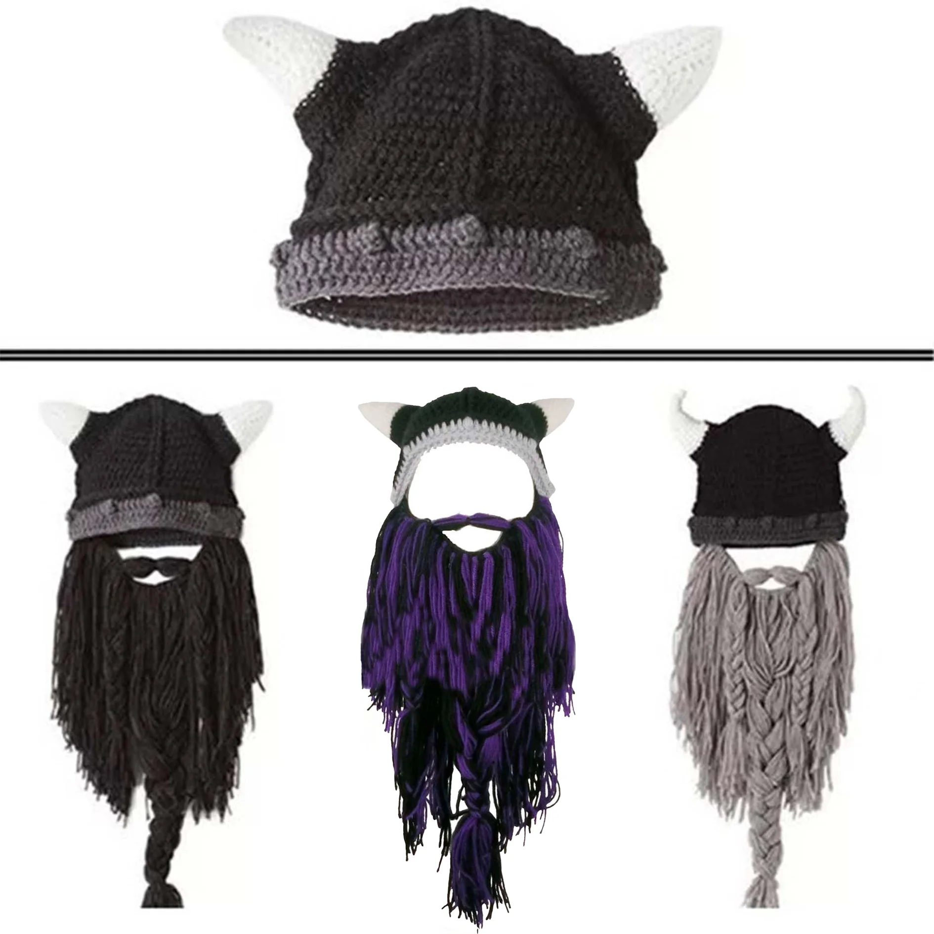 ワイルドネス・ワンダラー ニット帽 ロングビアード付き バイキングニット帽 角付き 手作りニット 暖かいスキー帽 面白いパーティーハット、北欧旅行者向け楽しい角付き帽子 バイキング柄、調節可能なひげが視界を遮らない、ユーモラスな冬のアウトドア活動やテーマパーティー用の暖かい帽子