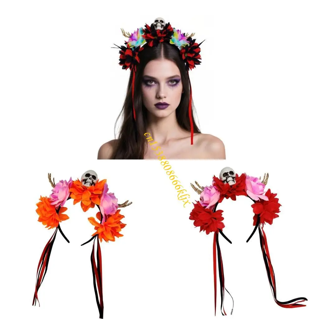 

Colorful Skull With Flower Skeleton Hands Adjustable Halloween Headbands For Women Men Kids Decoration 066C