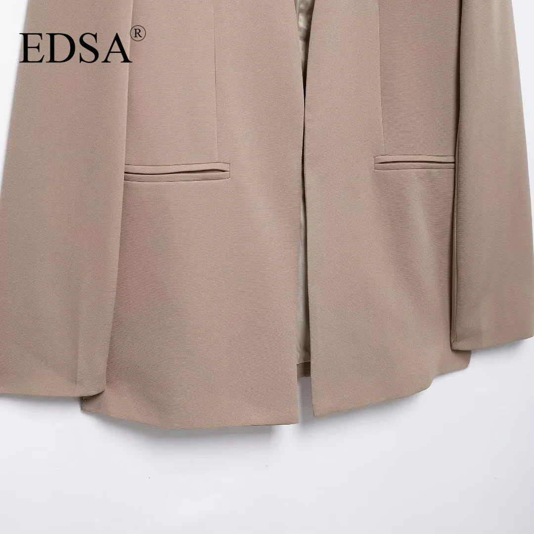 EDSA Women V-Neck Blazer Jacket Hidden Breasted Long Sleeves Welt Pockets for Office Lady Khaki Solid Color Coat