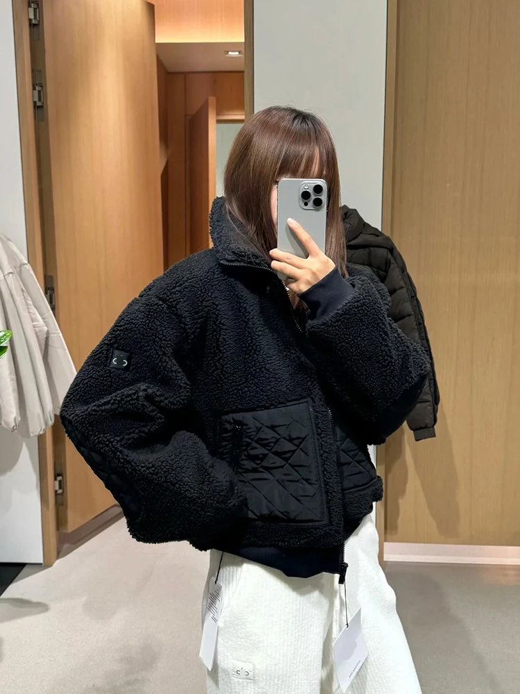 

Warm Lamb Fur Collar Loose Fit Spor Jaet Women's Casual Sle Zipper Closure ort Outerwear Coat Youth Size