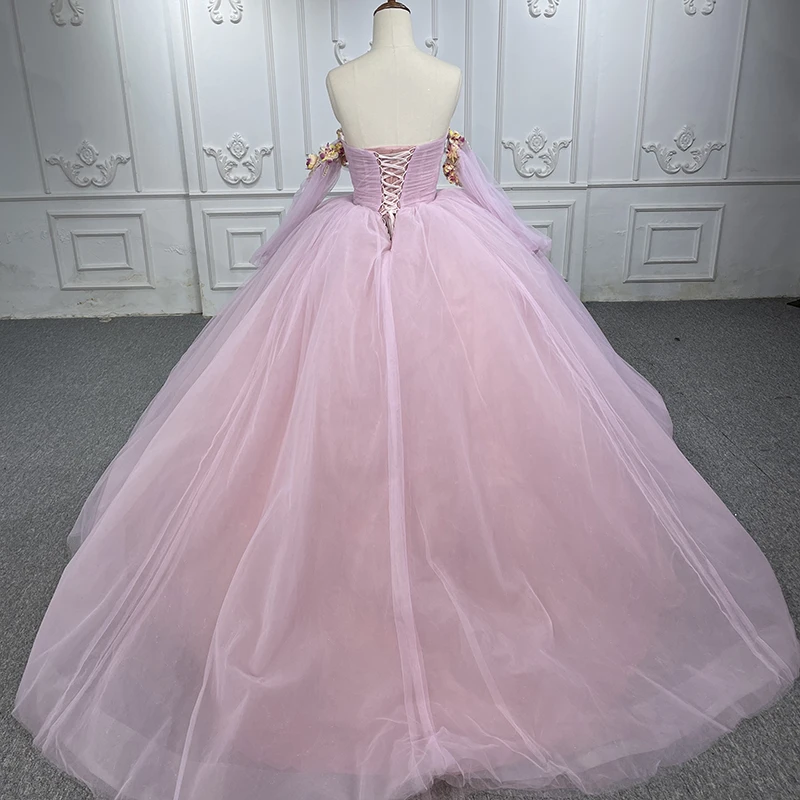 Международное женское бальное платье Quinceanera, розовое платье принцессы с цветочным принтом и открытыми плечами, кружевное платье с длинными рукавами для выпускного вечерние, DY1239