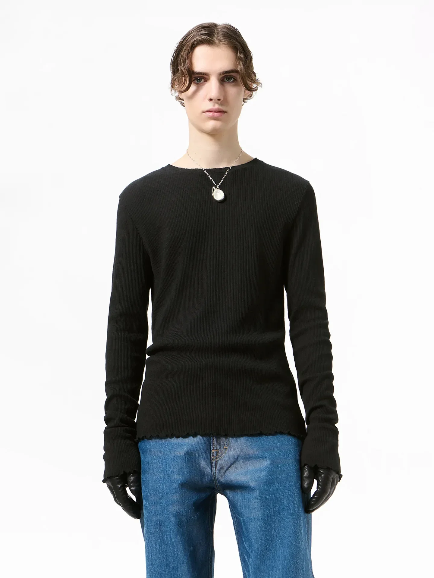 OL style ELONGATED pit strip wavy curled edge lazy long-sleeved casual T-shirt