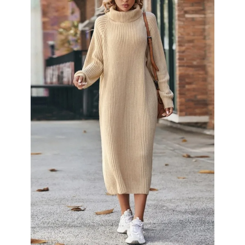 Women Solid Color Loose High Collar A Long Sweater 2023 Autumn Winter New Dress Sweater Women Long Sleeve Knitted Dress Sweater