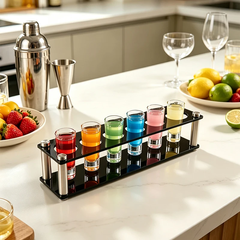Black Acrylic 6-Hole Bullet Cup Holder, Single Row 6-Compartment Shot Cup Tray, Bar Shot Glass Organizer, Acrylic Barware Cup Holder, Simple Single Row 6-Hole Liquor Cup Holder