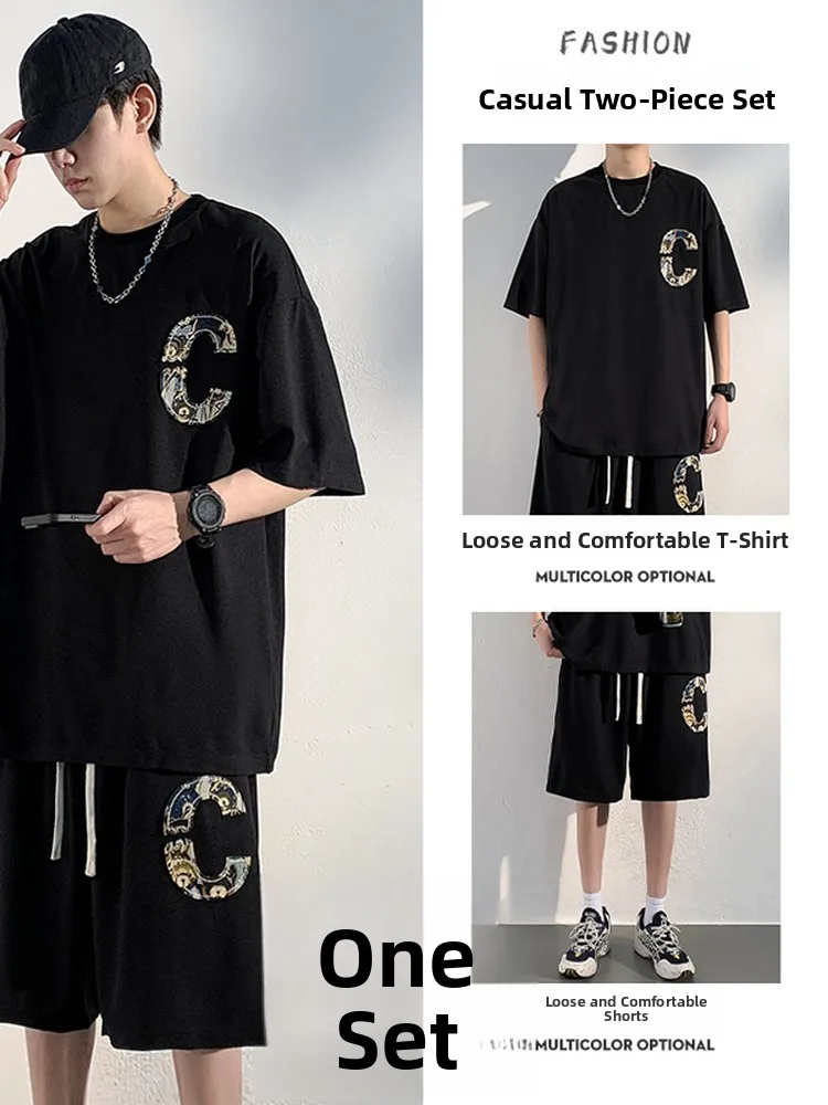 

Комплект из двух предметов: футболка и шорты из ледяного шелка, с принтом, дышащий, быстросохнущий, в американском стиле, свободный крой, повседневный спортивный комплект для подростков