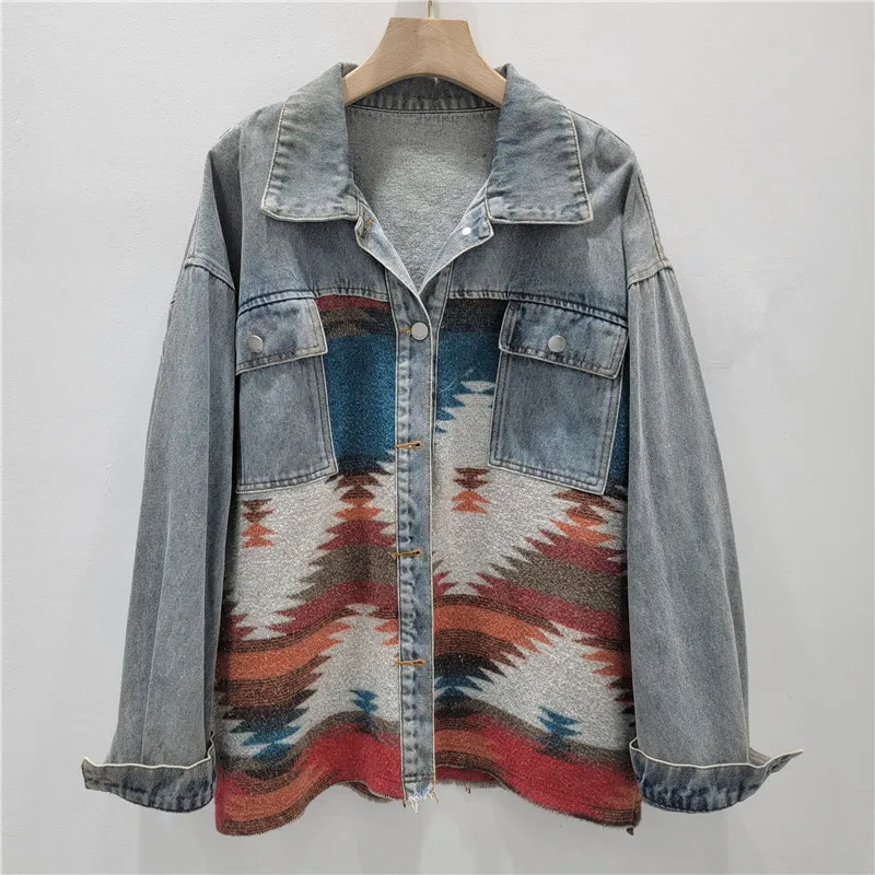 

SuperAen 2025 Autumn New Patchwork Printed Knitted Long-sleeved Denim Jacket Lapel Collar Fashion Korean Style Casual Coat
