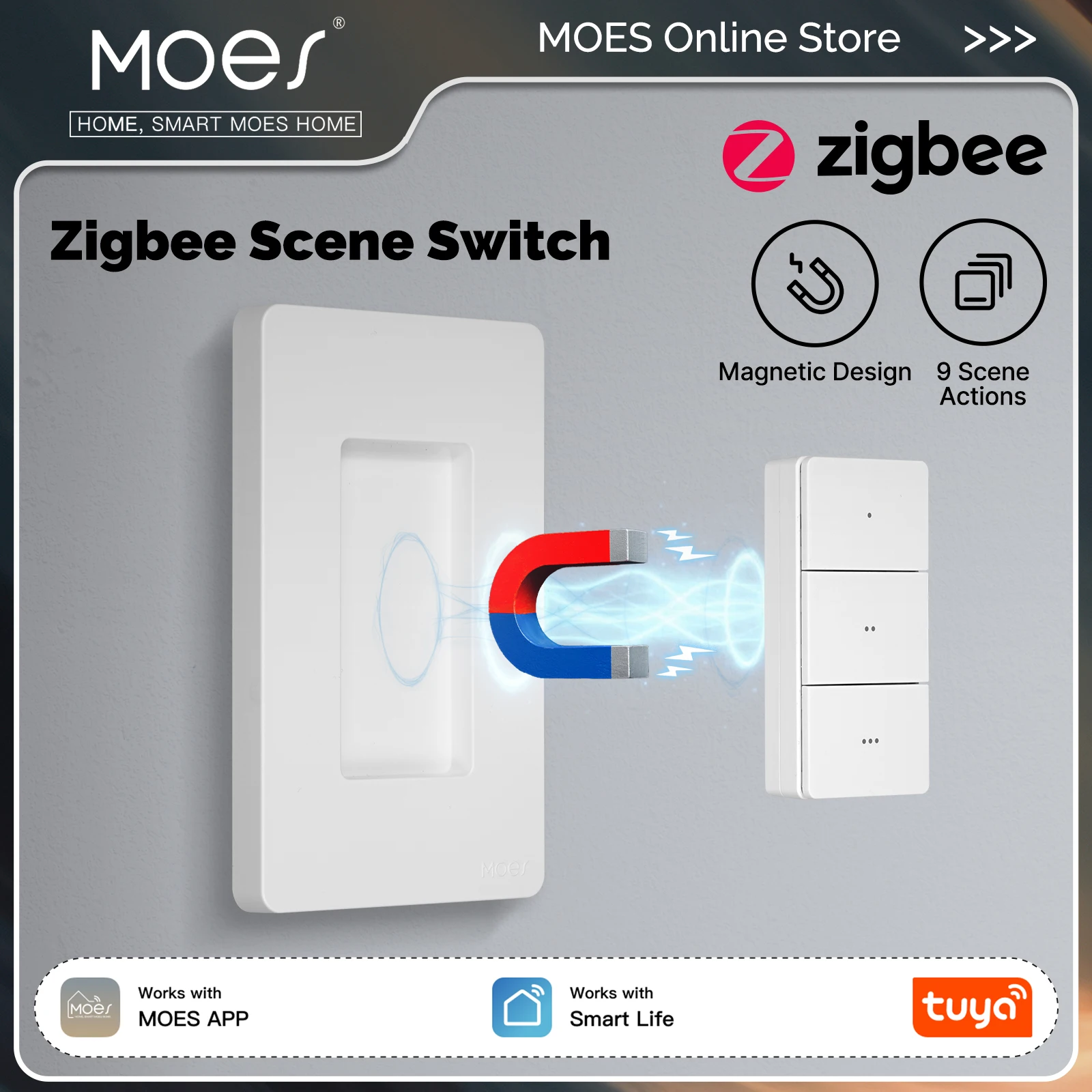 MOES Tuya Zigbee Smart Wireless Scene Switch 3 Gang 9 Scenarios Linkage Magnetic Design Handheld Push Button Control US Version