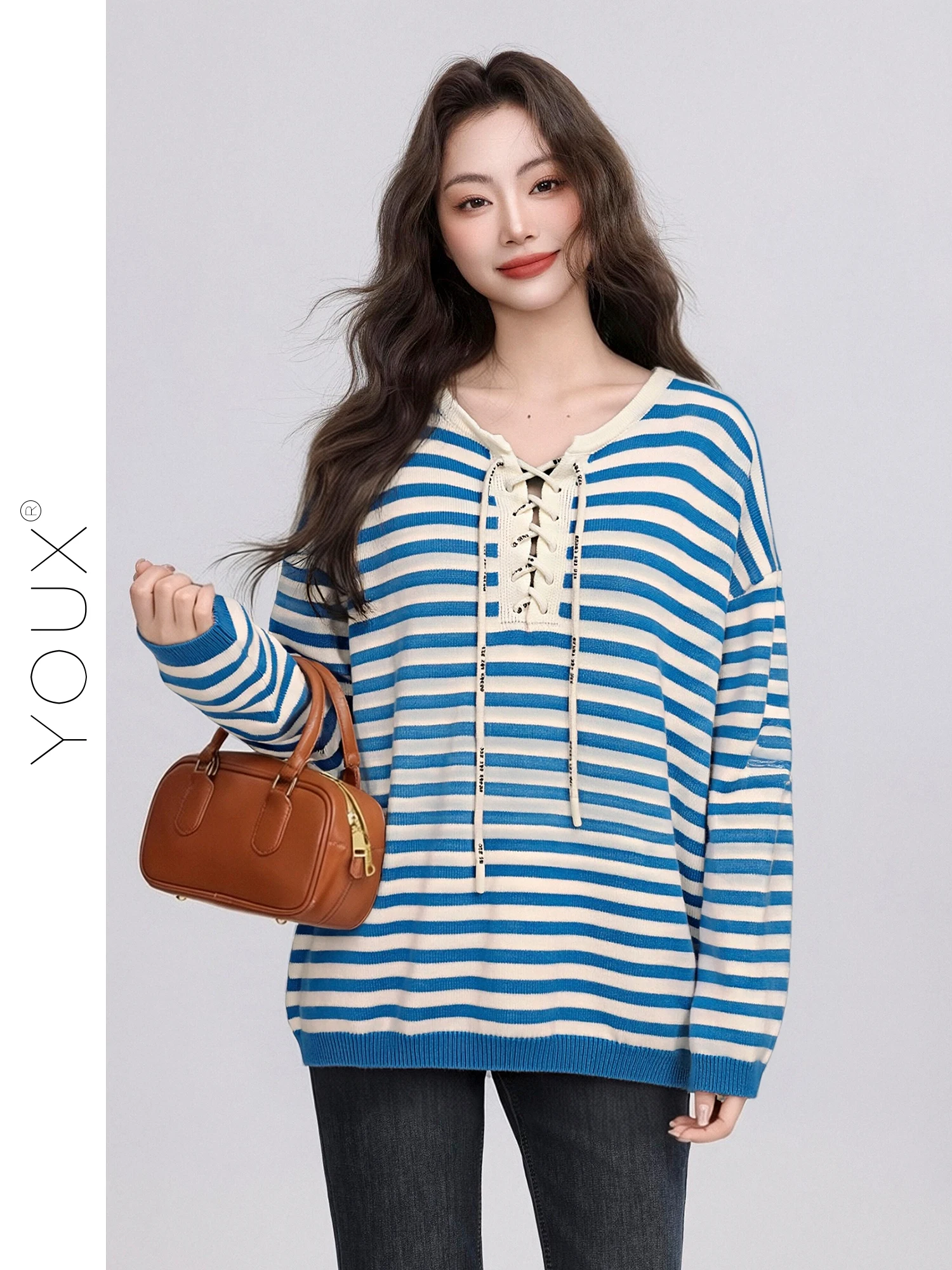 

Синий полосатый свободный женский свитер в винтажном стиле с эффектом тай-дай, вязаный топ, повседневный, весенняя новинка, Island Letter from Another Lane