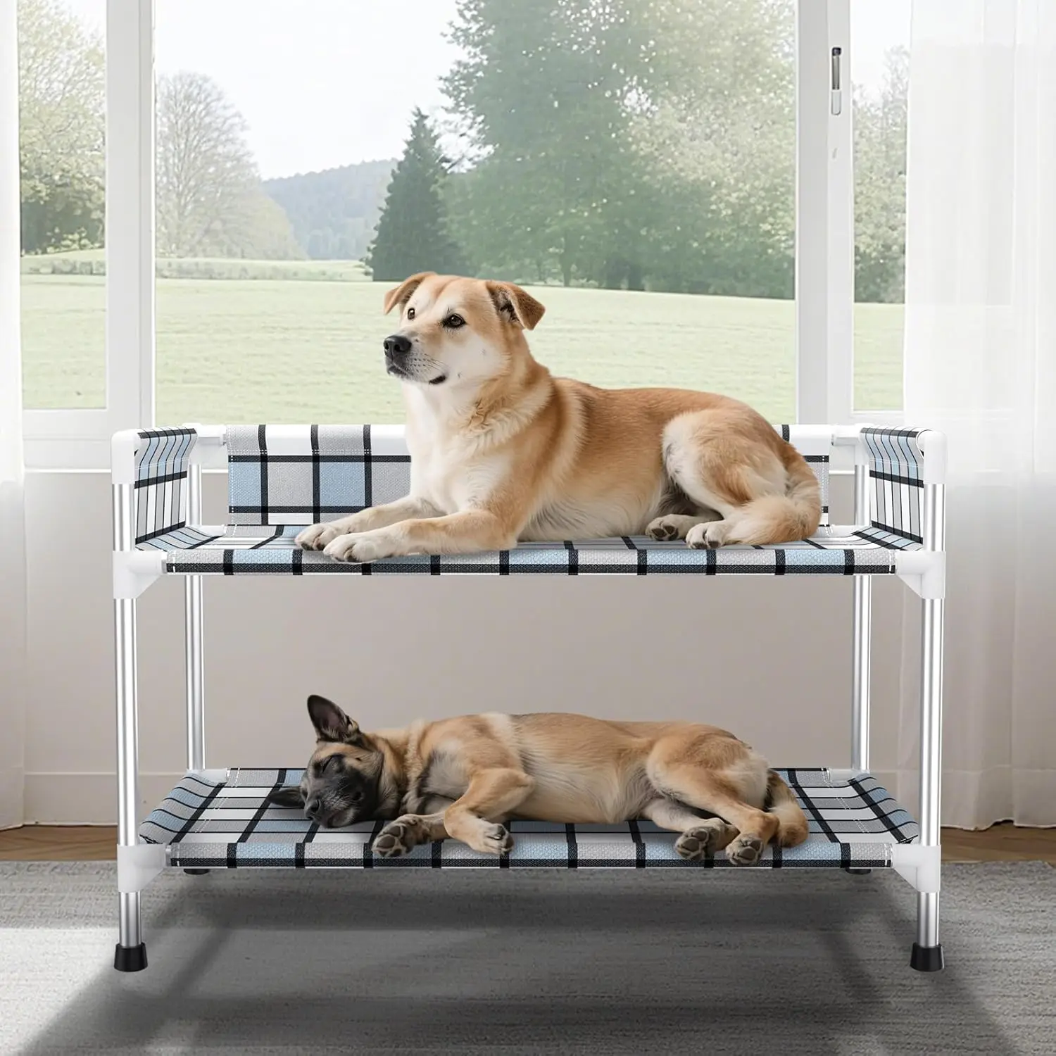 

Double Elevated Dog Bunk Bed with Guardrail, 2-Tier Window Perch for Multi-Pet Households (34x20x25 inches)