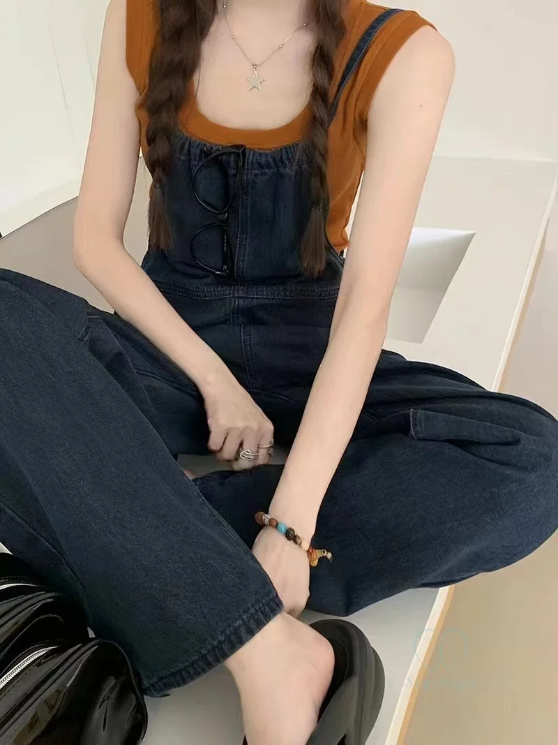 Vintage Dark Blue Denim Jumpsuits Jeans for Maternity Summer Fashion Wide leg Loose Overalls Pants for Pregnancy 24SS Y2k Youth