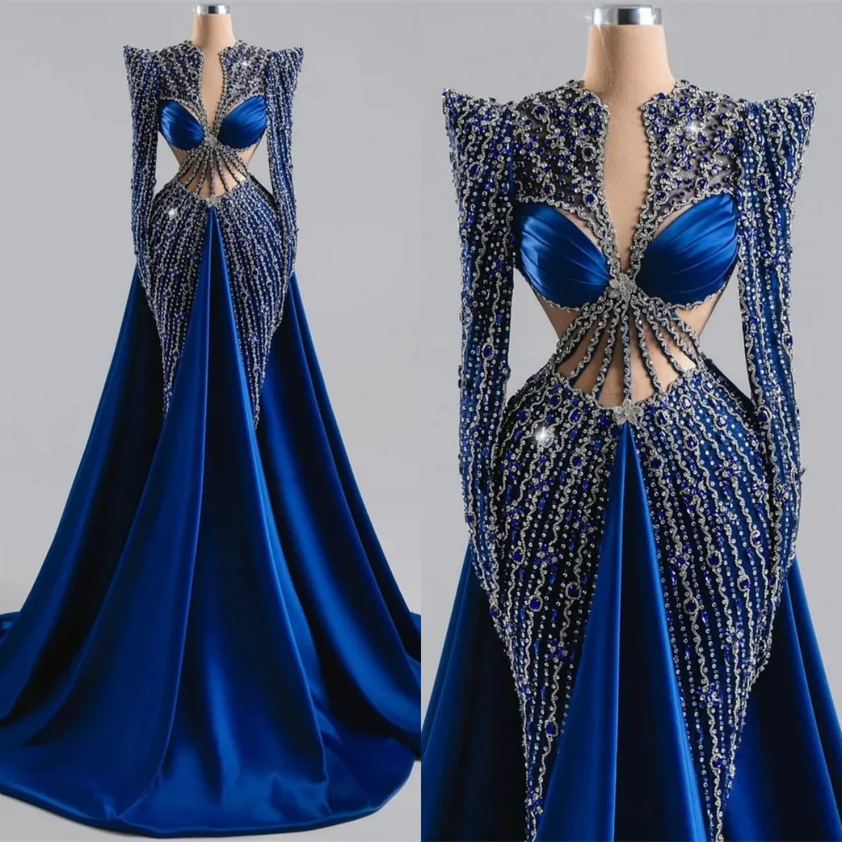 

Runway Mermaid Evening Dress Crystal Beaded O Neck Prom Gowns Sheath Long Sleeve Floor Length Party Dresses Customized