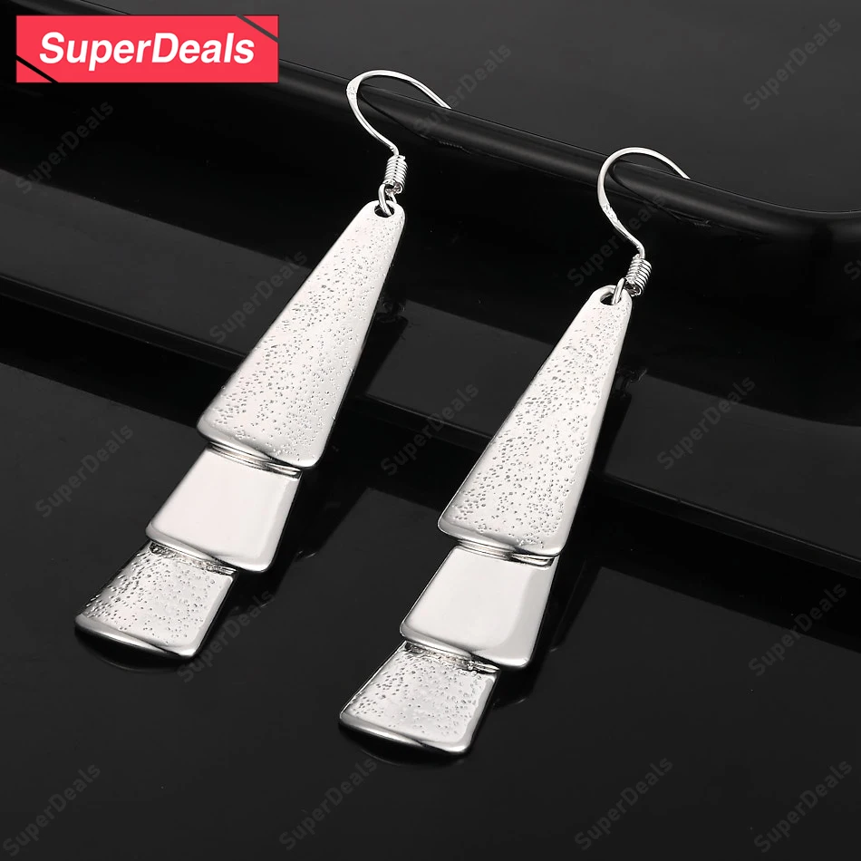 

SuperDeals 925 Sterling Silver Frosting Matte Smooth Three Sector Drop Earrings Lady Wedding Birthday Party Fashion Jewelry Gift