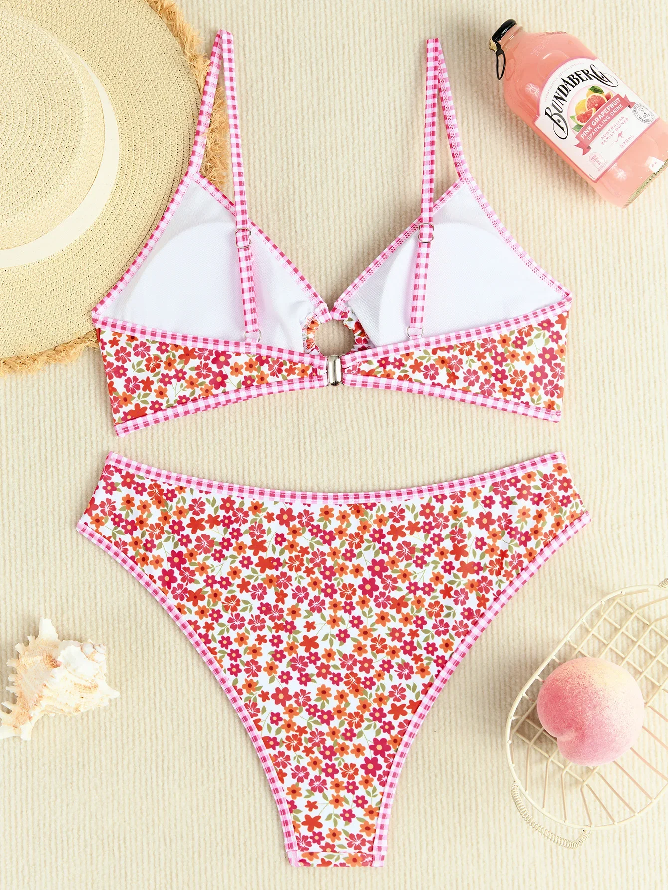 Conjunto de Bikini con estampado de flores para mujer, traje de baño de 2 piezas de cintura alta, sujetador con cuello en V, tirantes de realce y espalda descubierta, novedad de verano 2024