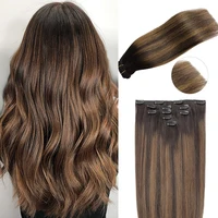 Extensiones de cabello humano con Clip para mujer, pelo liso Natural, marrón claro, miel, ombré, Balayage, negro, con Clip, cabeza completa