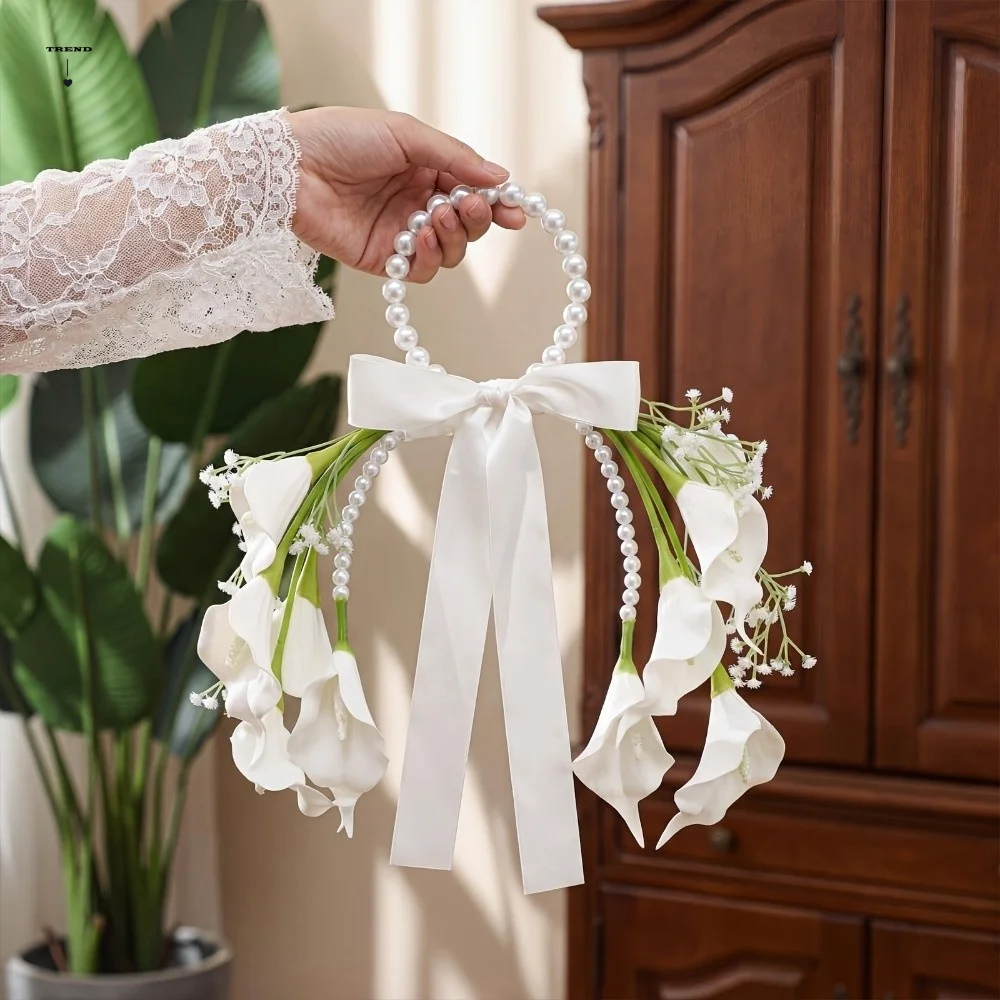 

Pearl Handle Bridal Bouquet White Blossom Satin Bowknot Wedding Flowers Lightweight Carry Handmade Craft Top Handle Bouquet