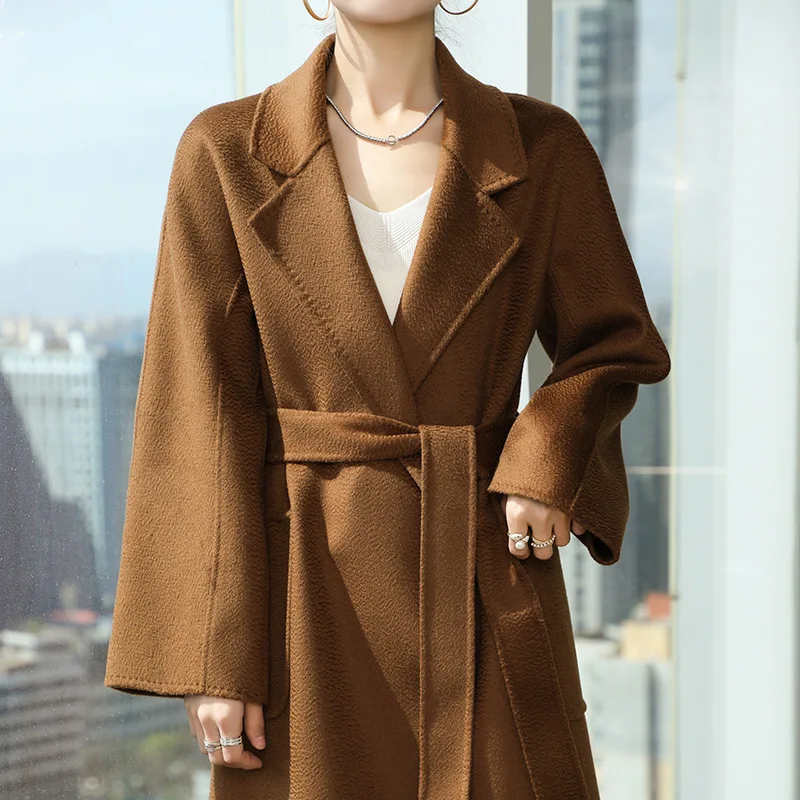 

Double-sided Cashmere Coat Women Water Ripple High-end Thick Temperament Warm Woolen Coat Female Outerwear Autumn Winter Long