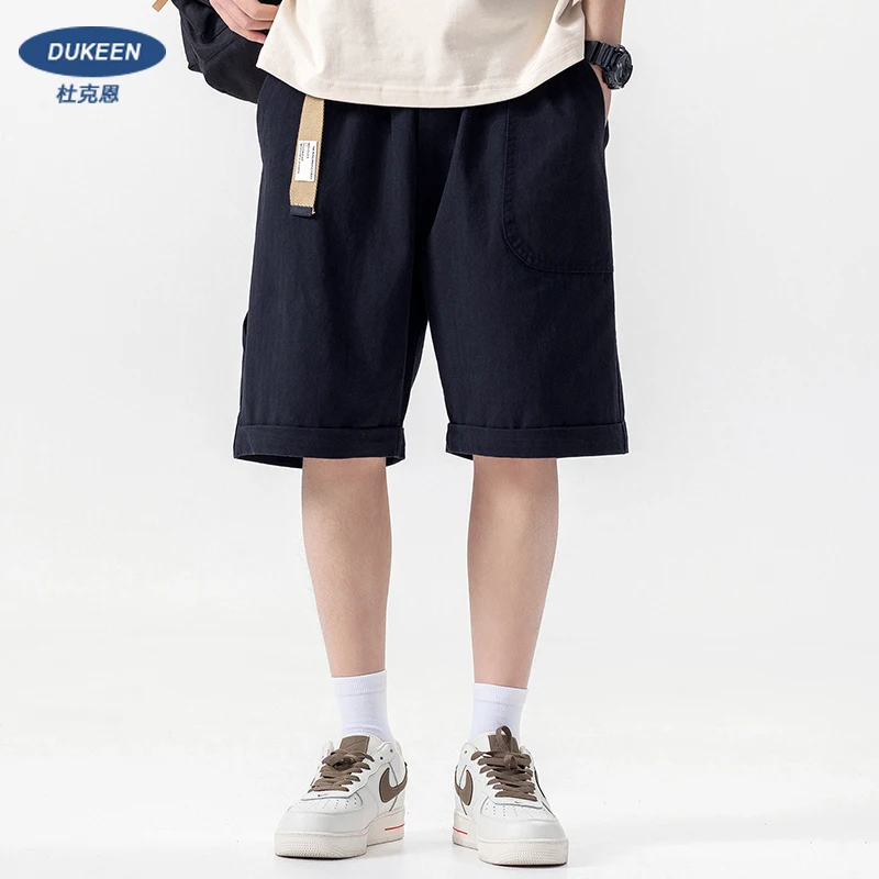 DUKEEN Work Style Shorts Men\'s Summer Loose Casual Pants Elastic Waist Middle Pants Khaki Five Pants Men