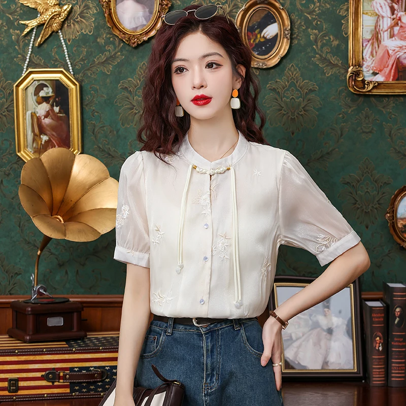 Summer Short Sleeve Stand Collar Women Shirt Embroidery Chiffon Shirt Blouse Women Tops  Blusas Mujer De Moda 2024 Verano J229