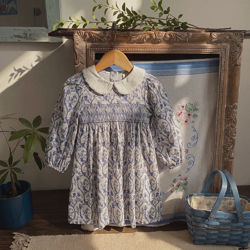 2026 Autumn New Vintage Girls Smocked Princess Dress Floral Doll Collar Long Sleeve Children Dresses