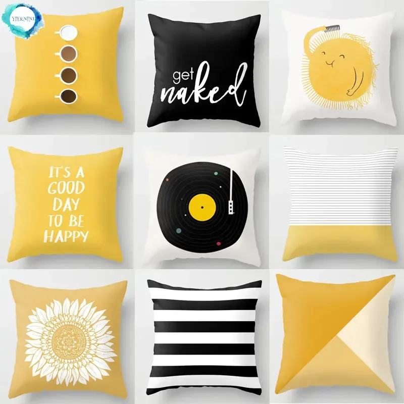 Yellow Geometric Polyester Cushion Cover Modern Black Letter Pillow Covers Decorative Sofa Cushions Throw Pillows Pillowcases