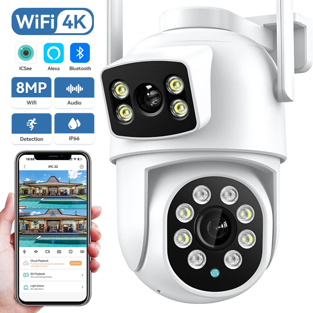 4K 8MP WiFi PTZ Camera Dual Lens 4MP Dual Screen Outdoor IP66 Waterproof Ai Human Auto Tracking Wireless Surveillance Camera