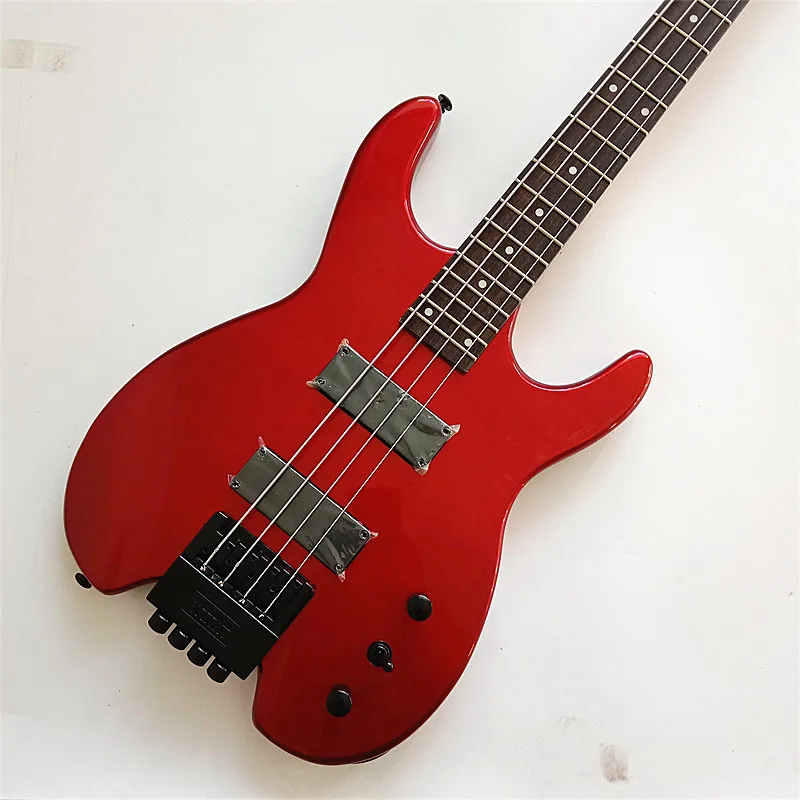 New Transparent Red 4 Strings Headless Electric Bass Guitar Mahogany Body BJF-63