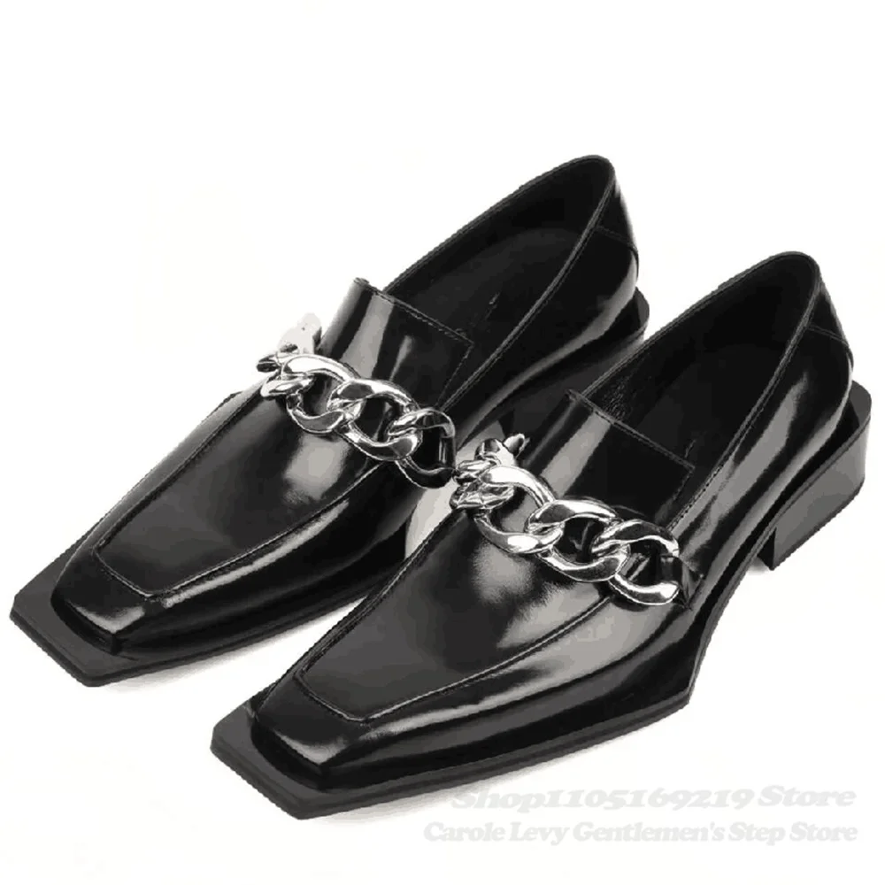 

Men Square Head Derby Shoes Black Metal Chain Decoration Thick Heel Retro Luxury British Style 2026 Spring/summer Leather Shoes