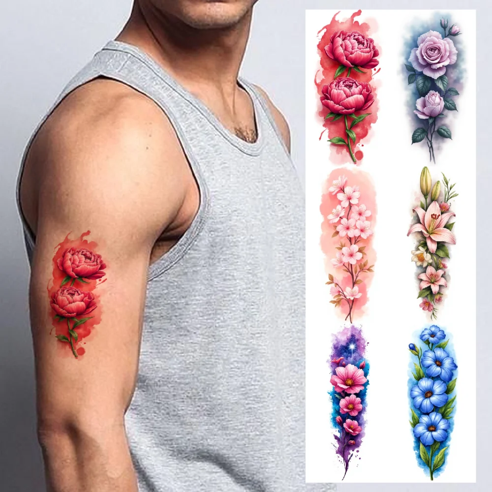 

9pcs Temporary Tattoo Waterproof Long-lasting Body Stickers Cherry Blossoms Peacock Orange Lilies For Male Shoulders Thighs