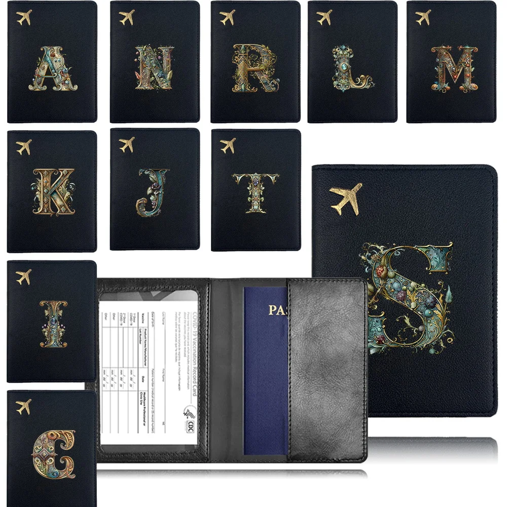 Portable Passport Case PU Airplane Travel Passport Graphic Letter Pattern Travel Women Men Credit Card Organizer Cover