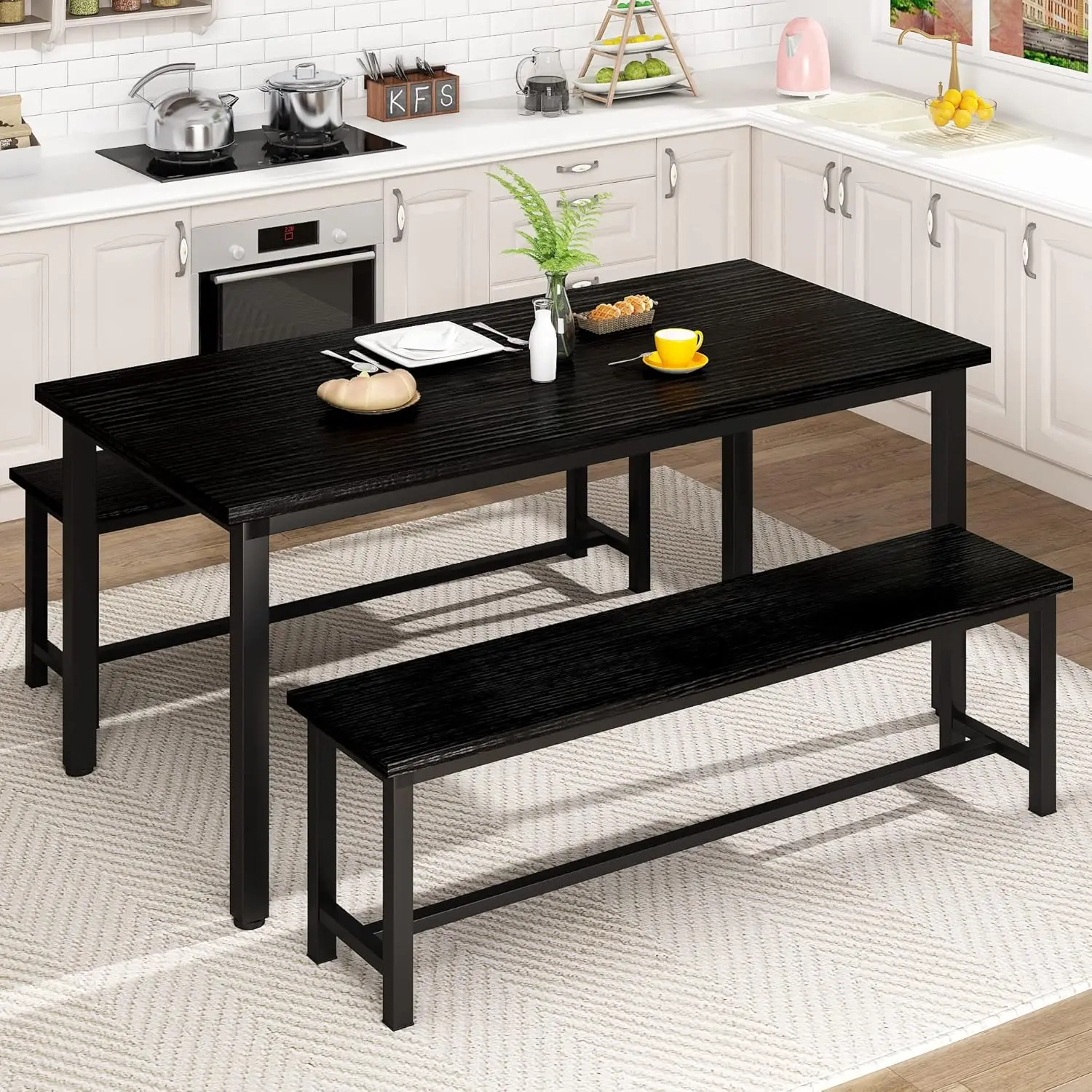 Kitchen Table Set with 2 Benches 4 Person Dining Room Table Set for Home Kitchen, Dining Room, Restaurant, Space Saving