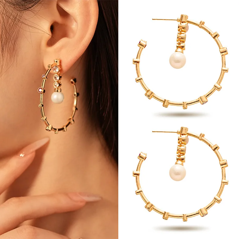 Round Color Diamond Bamboo Pearl Earrings Court Earrings Retro Premium Earrings Women