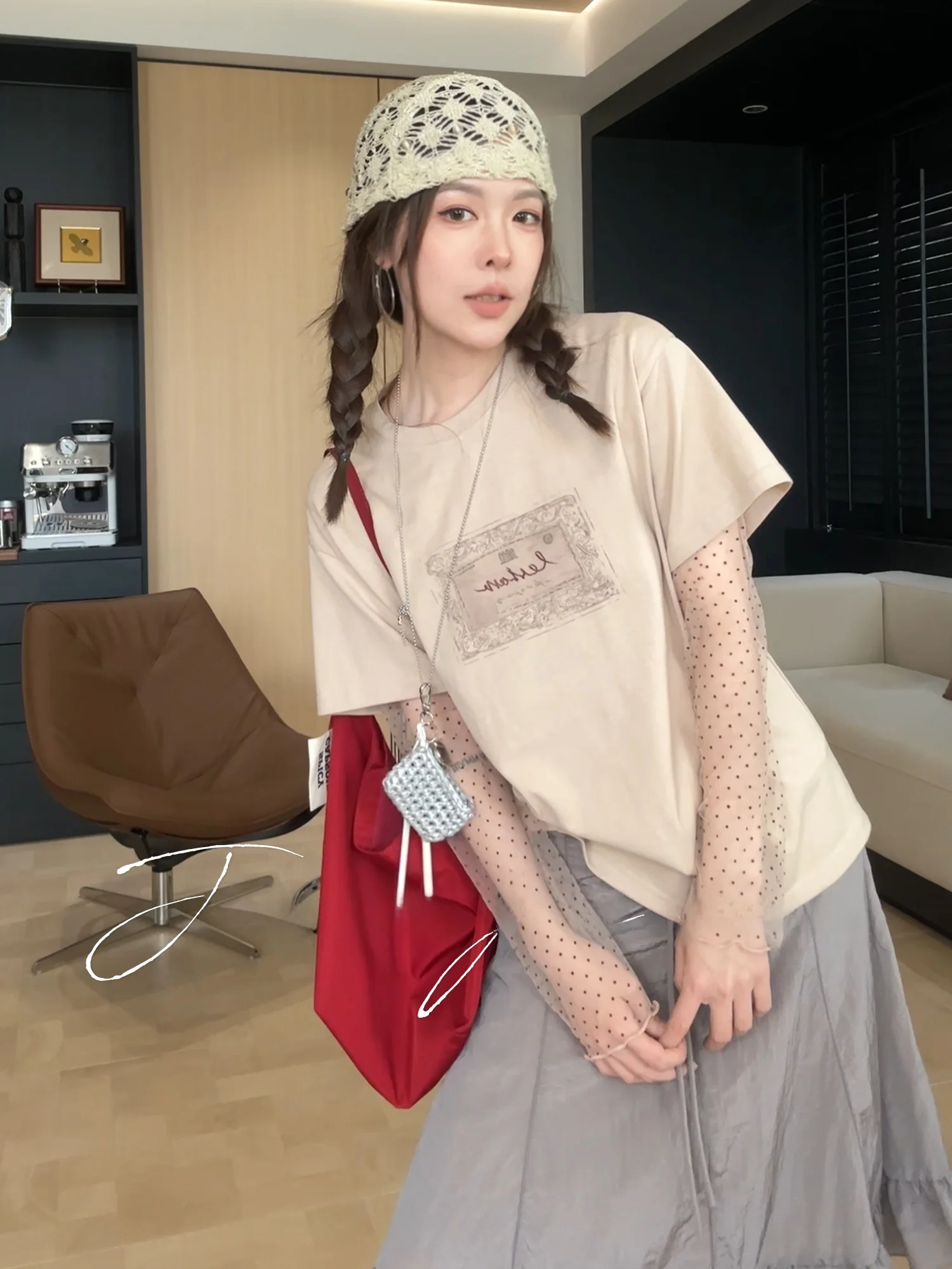 Jaajaaa Seina Micro Light Dot Mesh Base Thin Spring Summer T-Shirt Estilo casual Corte recto Manga larga Cuello redondo Top