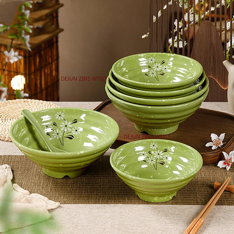 A8 Food Grade Melamine Noodle Bowl Green Floral Pattern Heat Resistant Unbreakable Ramen Soup Bowl Kitchen Stackable Salad Bowl