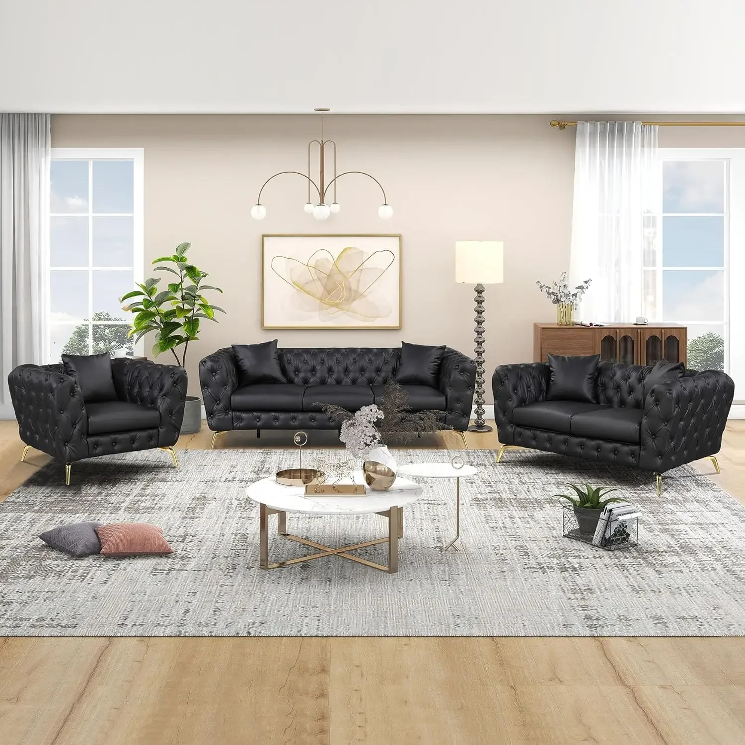 Living Room Set, Modern 3-Piece Sofa Sets with Metal Legs, Button Tufted Back, PU Upholstered Couches Sets